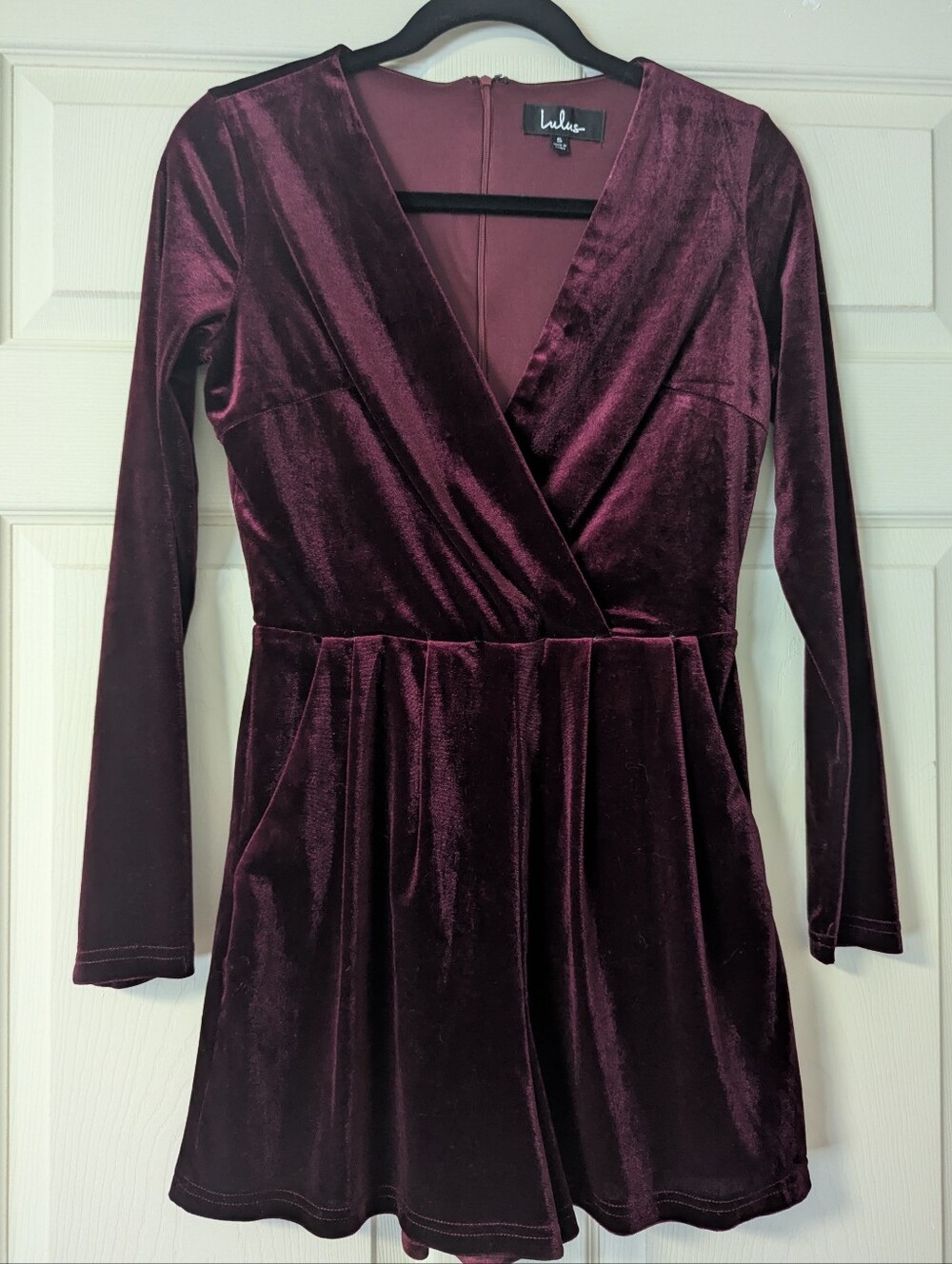 Lulus Velvet Maroon Romper Playsuit Jumpsuit Long Sleeve Fall V Neck Faux Wrap
